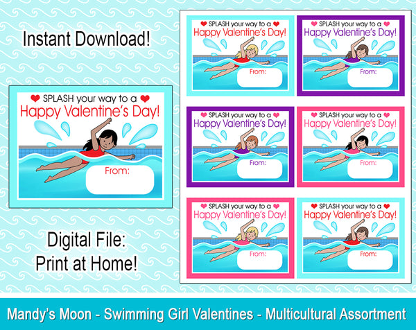 Swimming Girl Valentine Cards - Multicultural Assortment - Digital Print at Home Valentines cards, Instant Download