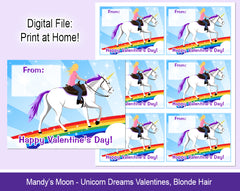 Unicorn Dreams Valentine Cards - Blonde hair - Digital Print at Home Valentines cards, Instant Download