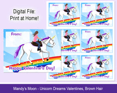 Unicorn Dreams Valentine Cards - Brown Hair - Digital Print at Home Valentines cards, Instant Download