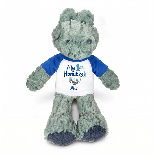 Personalized Hanukkah Stuffed Crocodile / Alligator - 12 Inch Plush Alli Gator - My 1st Hanukkah, Royal Blue Shirt / Blue Design