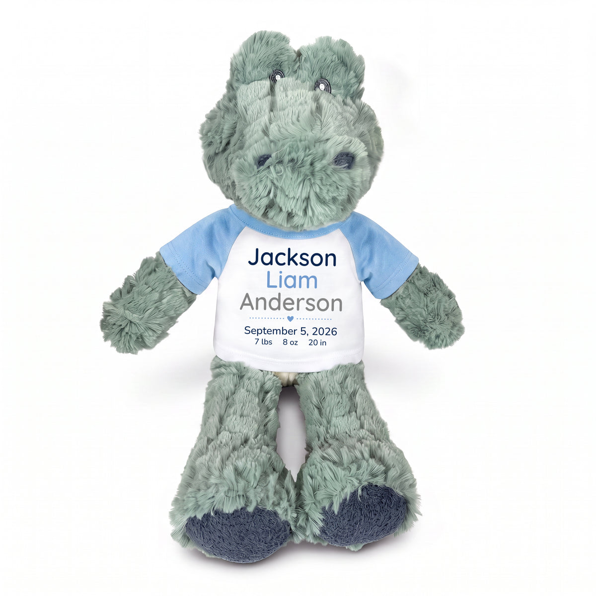 Personalized Stuffed Alligator for Baby Boy or Girl - 12" Ebba Plush Alli Gator - Light Blue Shirt with Blue and Grey Design
