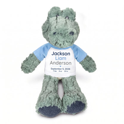 Personalized Stuffed Alligator for Baby Boy or Girl - 12" Ebba Plush Alli Gator - Light Blue Shirt with Blue and Grey Design