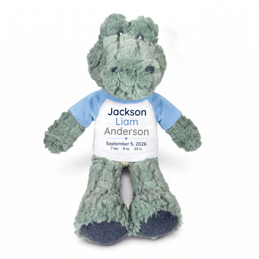 Personalized Stuffed Alligator for Baby Boy or Girl - 12" Ebba Plush Alli Gator - Light Blue Shirt with Blue and Grey Design