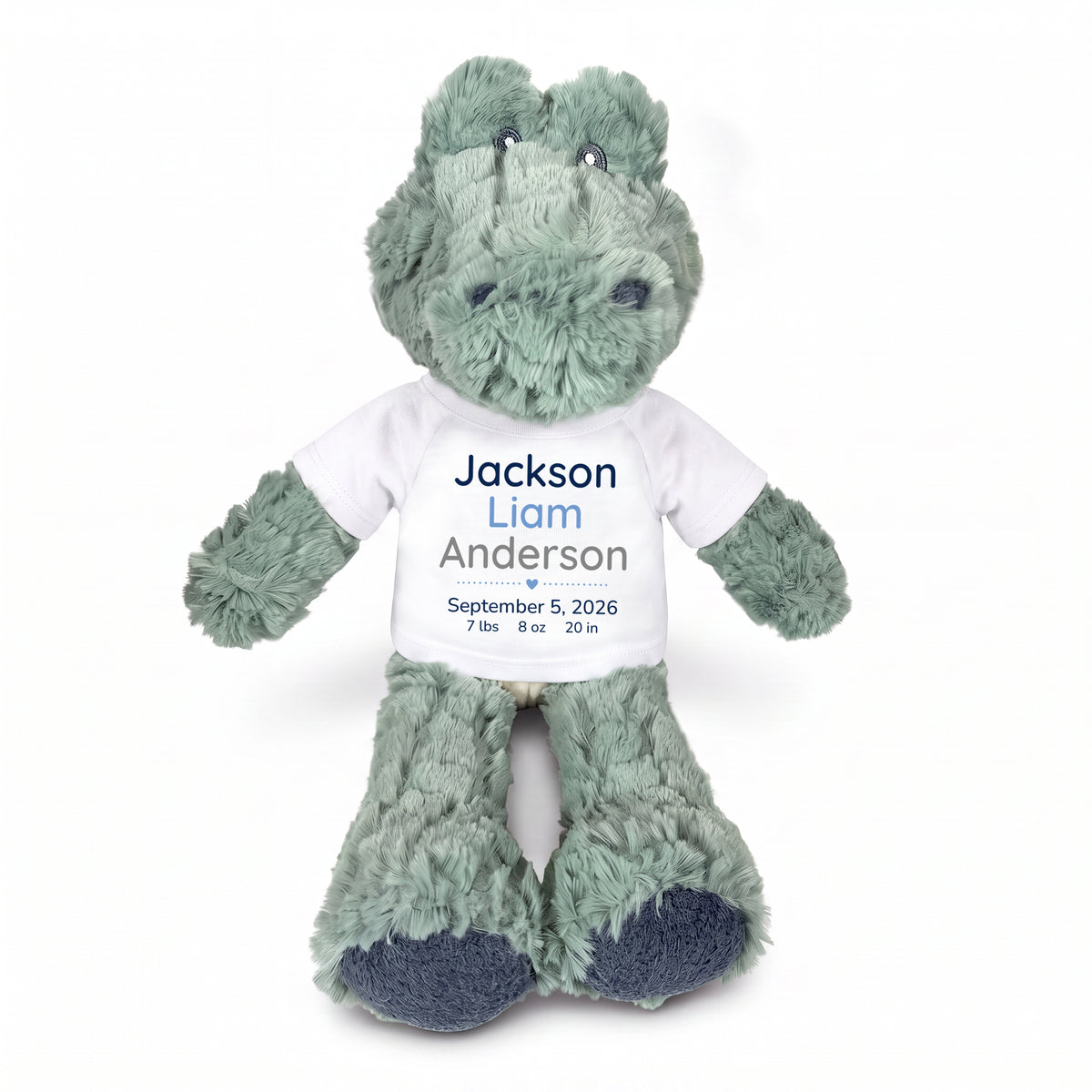 Personalized Stuffed Alligator for Baby Boy or Girl - 12" Ebba Plush Alli Gator - White Shirt with Blue and Grey Design