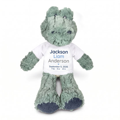 Personalized Stuffed Alligator for Baby Boy or Girl - 12" Ebba Plush Alli Gator - White Shirt with Blue and Grey Design