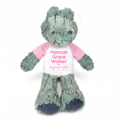 Personalized Stuffed Alligator for Baby Boy or Girl - 12" Ebba Plush Alli Gator - Pink Shirt with Pink Design
