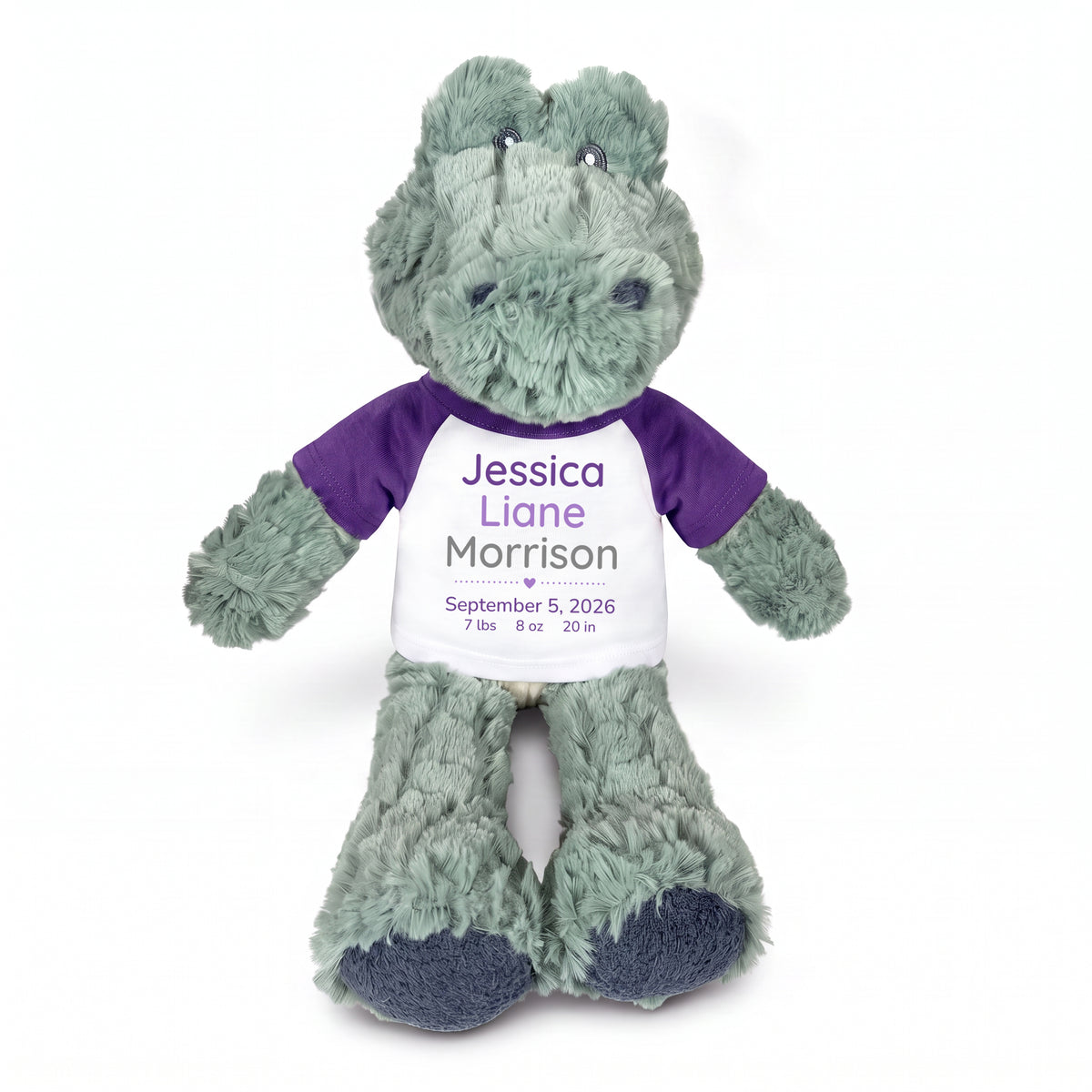 Personalized Stuffed Alligator for Baby Boy or Girl - 12" Ebba Plush Alli Gator - Purple Shirt with Purple Design