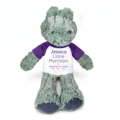 Personalized Stuffed Alligator for Baby Boy or Girl - 12" Ebba Plush Alli Gator - Purple Shirt with Purple Design