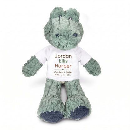 Personalized Stuffed Alligator for Baby Boy or Girl - 12" Ebba Plush Alli Gator - White Shirt with Brown and Green Design