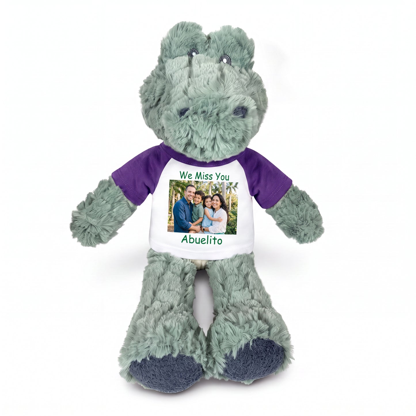 Personalized Stuffed Alligator / Crocodile - 12" Alli Gator with Photo & Text - Purple Shirt