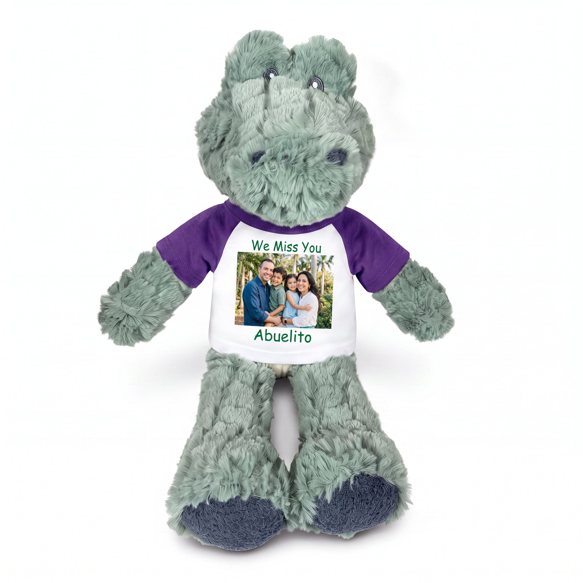 Personalized Stuffed Alligator / Crocodile - 12" Alli Gator with Photo & Text - Purple Shirt