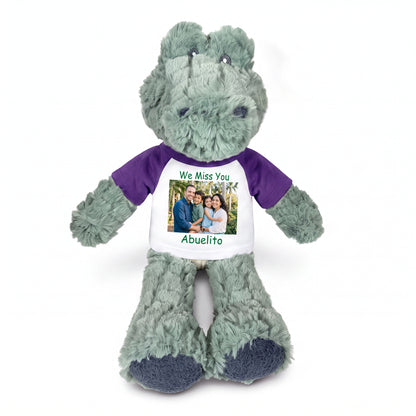 Personalized Stuffed Alligator / Crocodile - 12" Alli Gator with Photo & Text - Purple Shirt