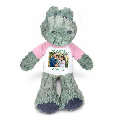 Personalized Stuffed Alligator / Crocodile - 12" Alli Gator with Photo & Text - Pink Shirt