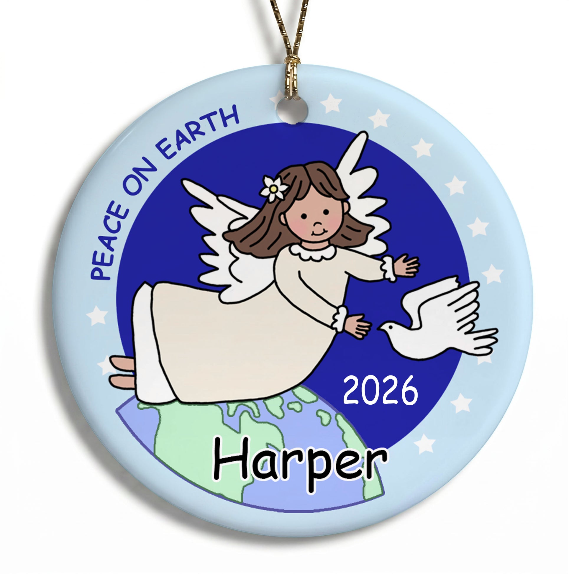 Angel Personalized Christmas Ornament - Dove - Brown Hair