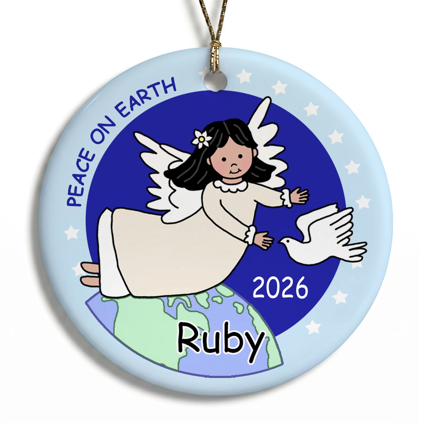 Angel Personalized Christmas Ornament - Dove - Black Hair