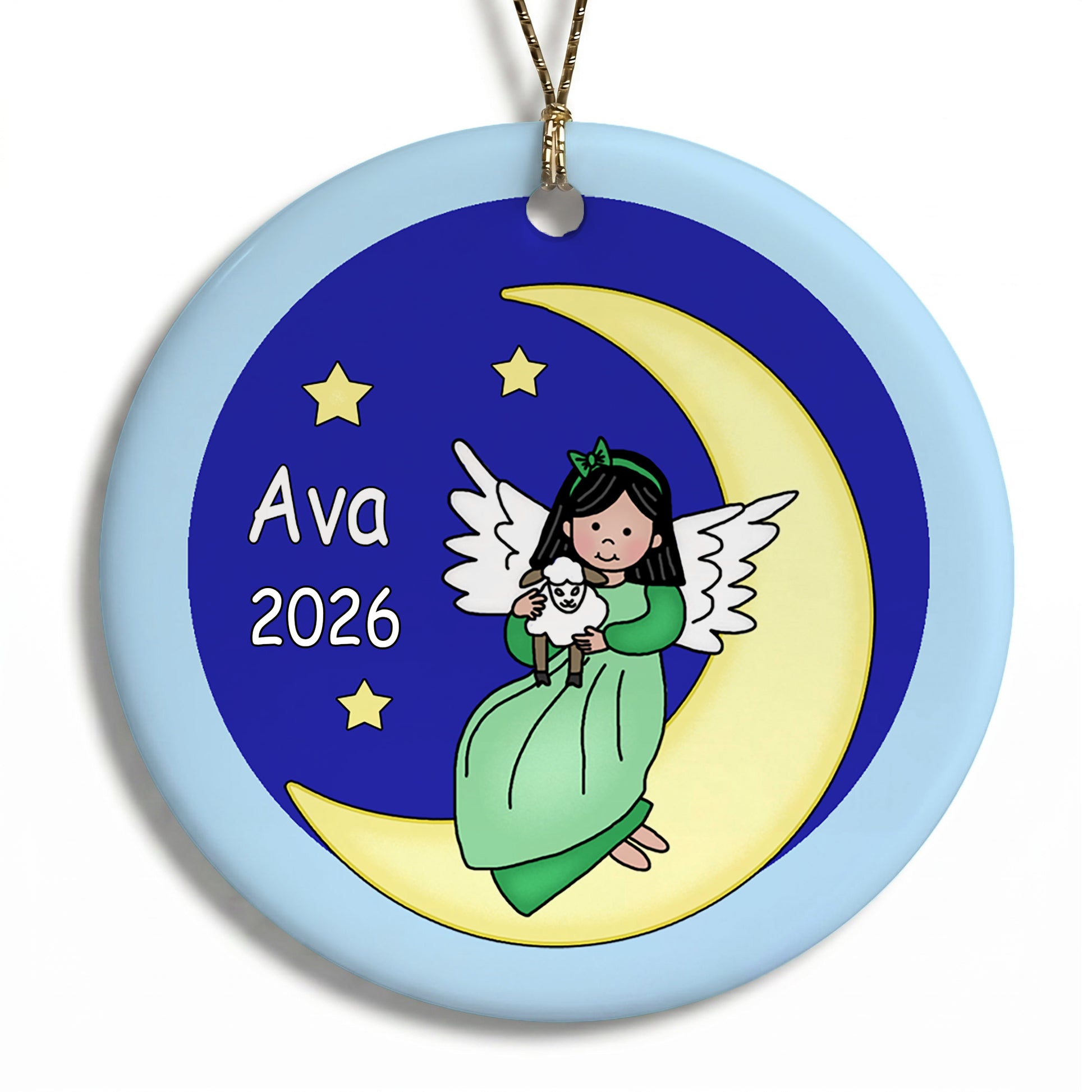 Angel Personalized Christmas Ornament - Moon - Black Hair