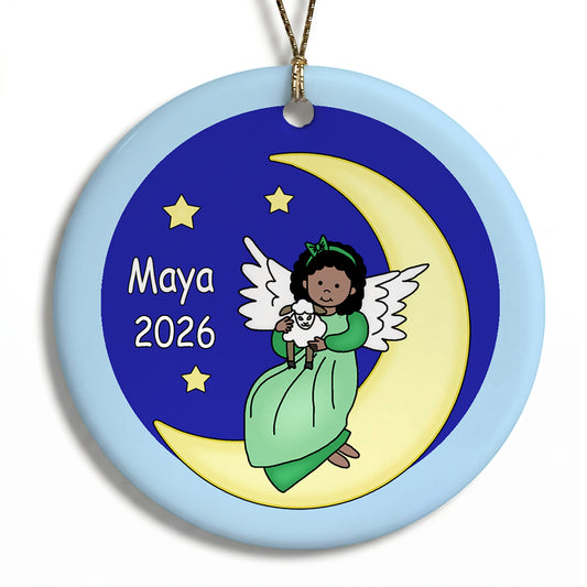 Angel Personalized Christmas Ornament - Moon - Black / African American with Medium Skin