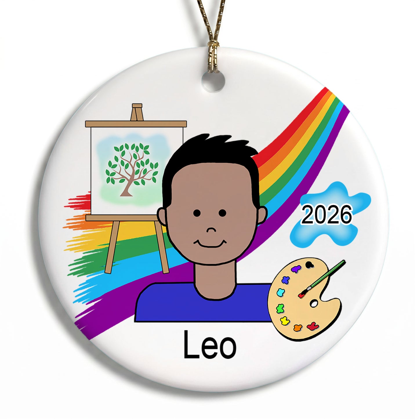 Artist Boy Personalized Christmas Ornament - Medium Skin / Black Hair