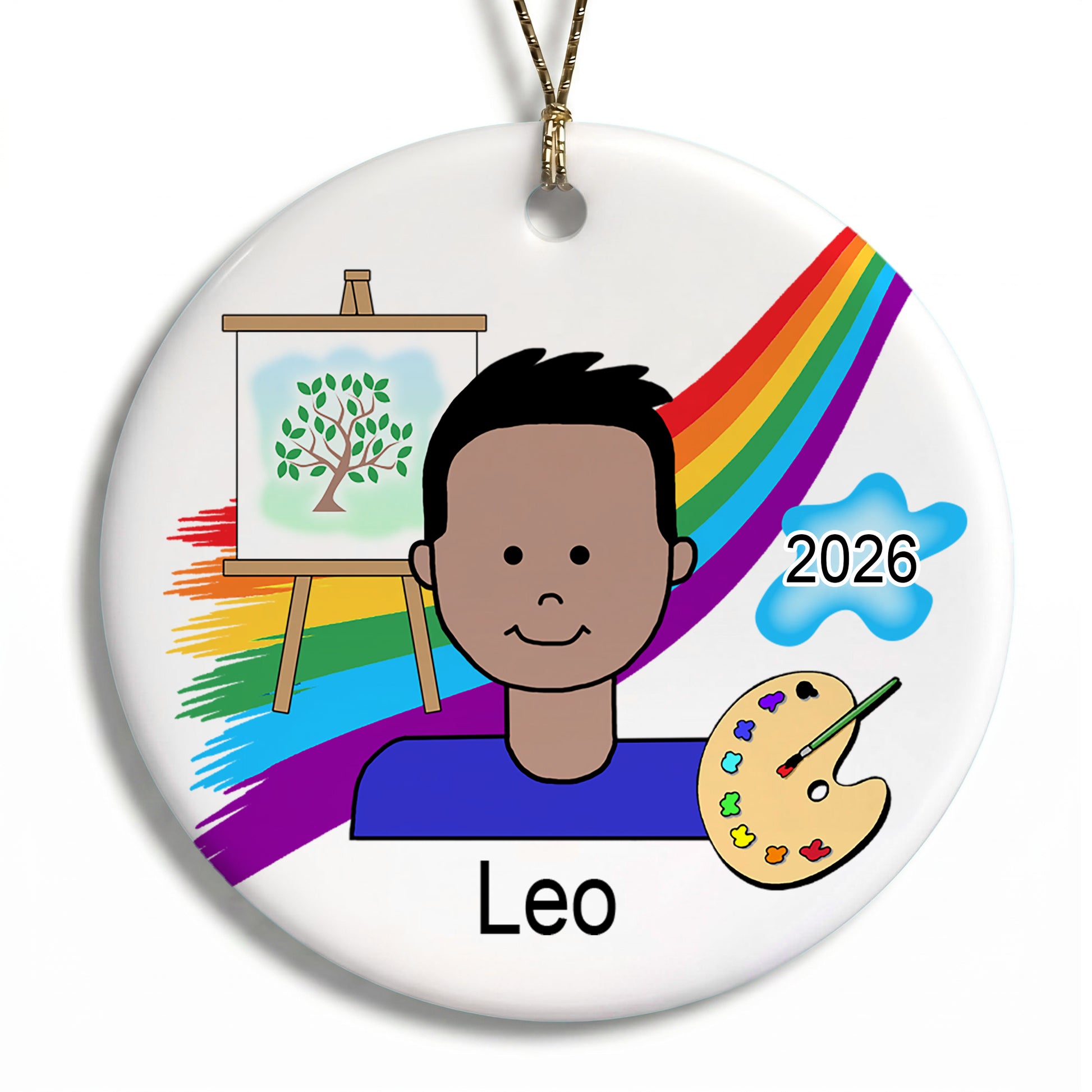 Artist Boy Personalized Christmas Ornament - Medium Skin / Black Hair