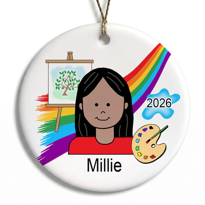 Artist Girl Personalized Christmas Ornament - Medium Skin / Black Hair