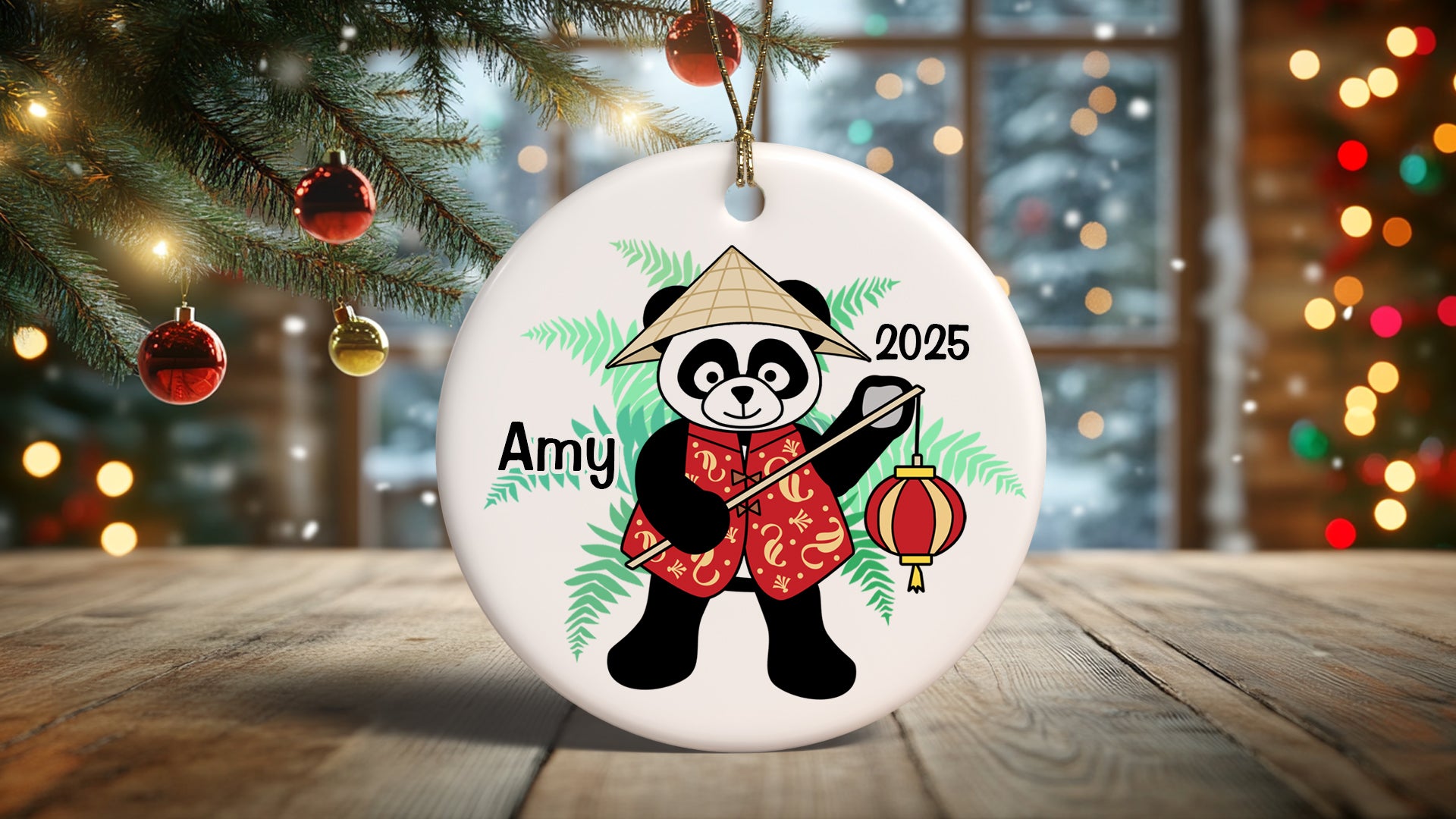 Asian Panda with Lantern Personalized Christmas Ornament