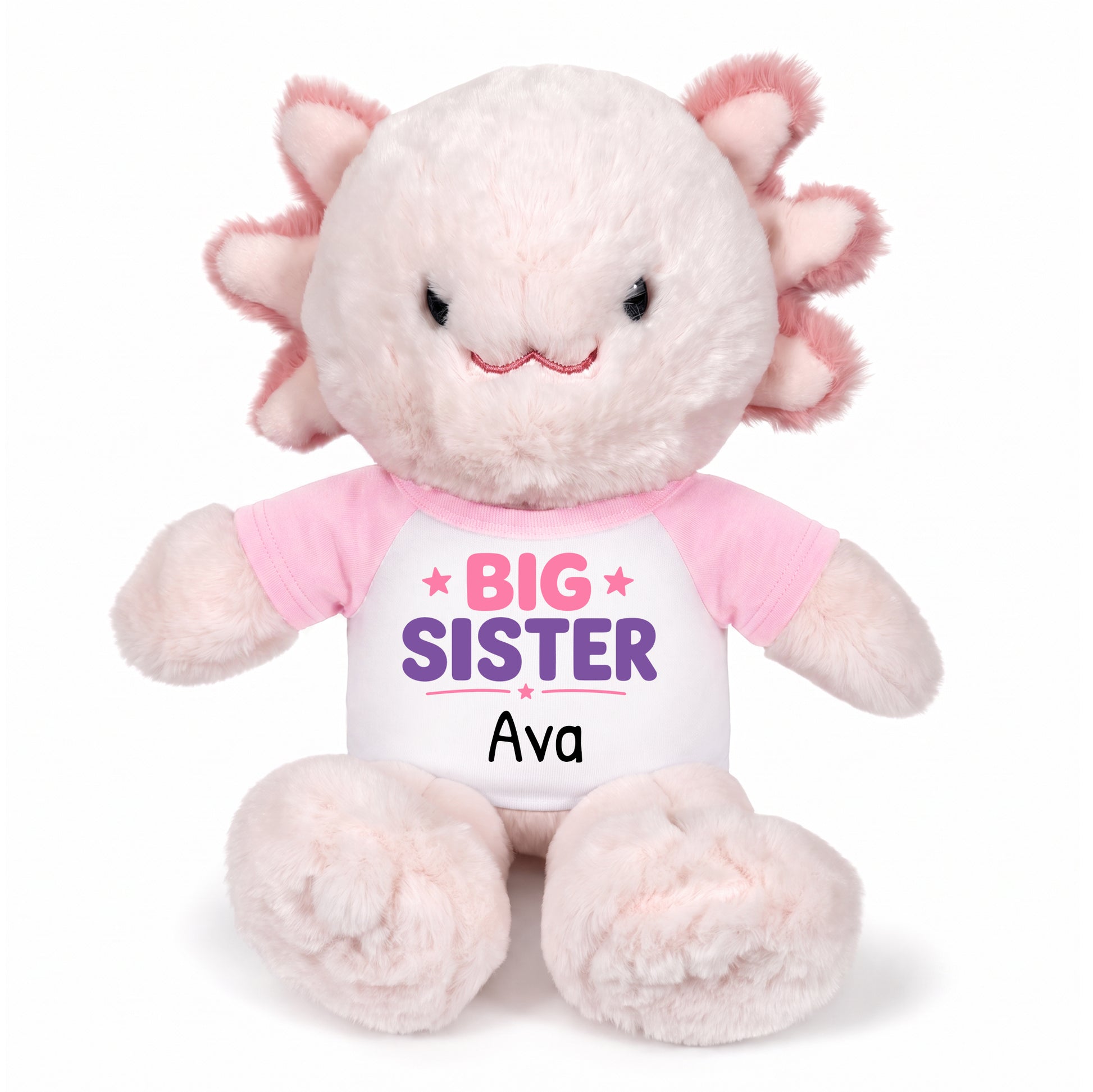 Personalized Big Sister Stuffed Axolotyl - 12 Inch Plush Axolytl - Pink Shirt with Pink and Purple Design