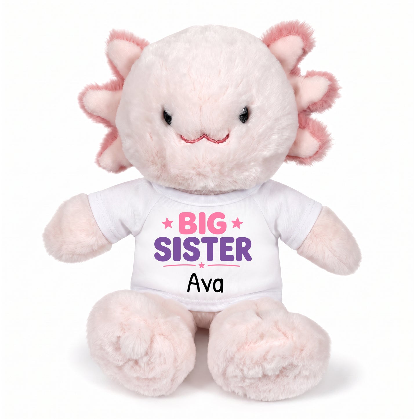 Personalized Big Sister Stuffed Axolotyl - 12 Inch Plush Axolytl - White Shirt with Pink and Purple Design