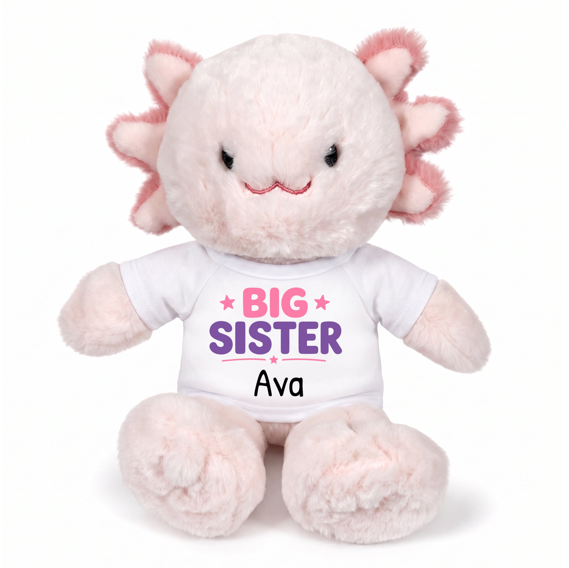 Personalized Big Sister Stuffed Axolotyl - 12 Inch Plush Axolytl - White Shirt with Pink and Purple Design