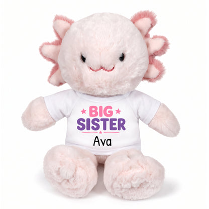 Personalized Big Sister Stuffed Axolotyl - 12 Inch Plush Axolytl - White Shirt with Pink and Purple Design