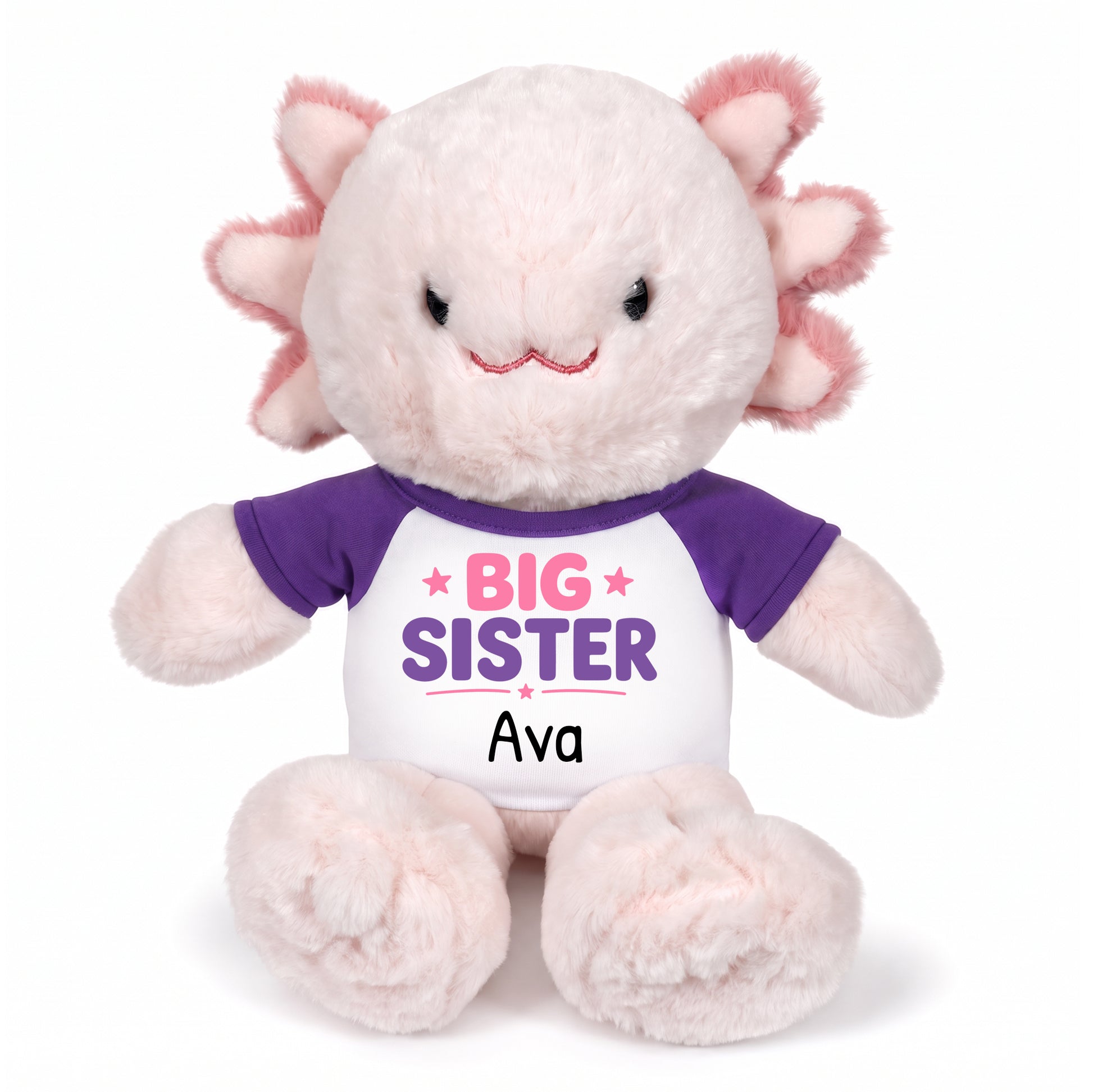 Personalized Big Sister Stuffed Axolotyl - 12 Inch Plush Axolytl - Purple Shirt with Pink and Purple Design