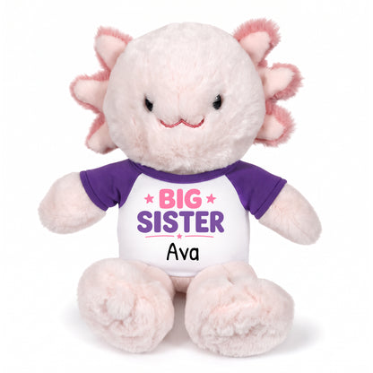 Personalized Big Sister Stuffed Axolotyl - 12 Inch Plush Axolytl - Purple Shirt with Pink and Purple Design