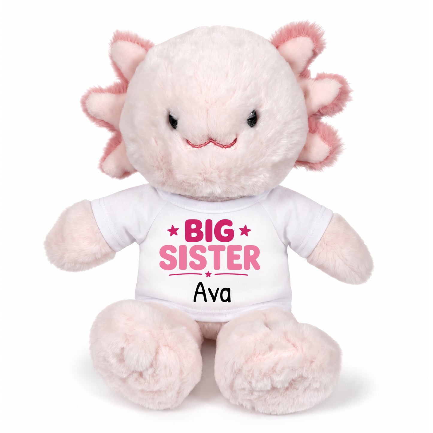 Personalized Big Sister Stuffed Axolotyl - 12 Inch Plush Axolytl - White Shirt with Pink Design