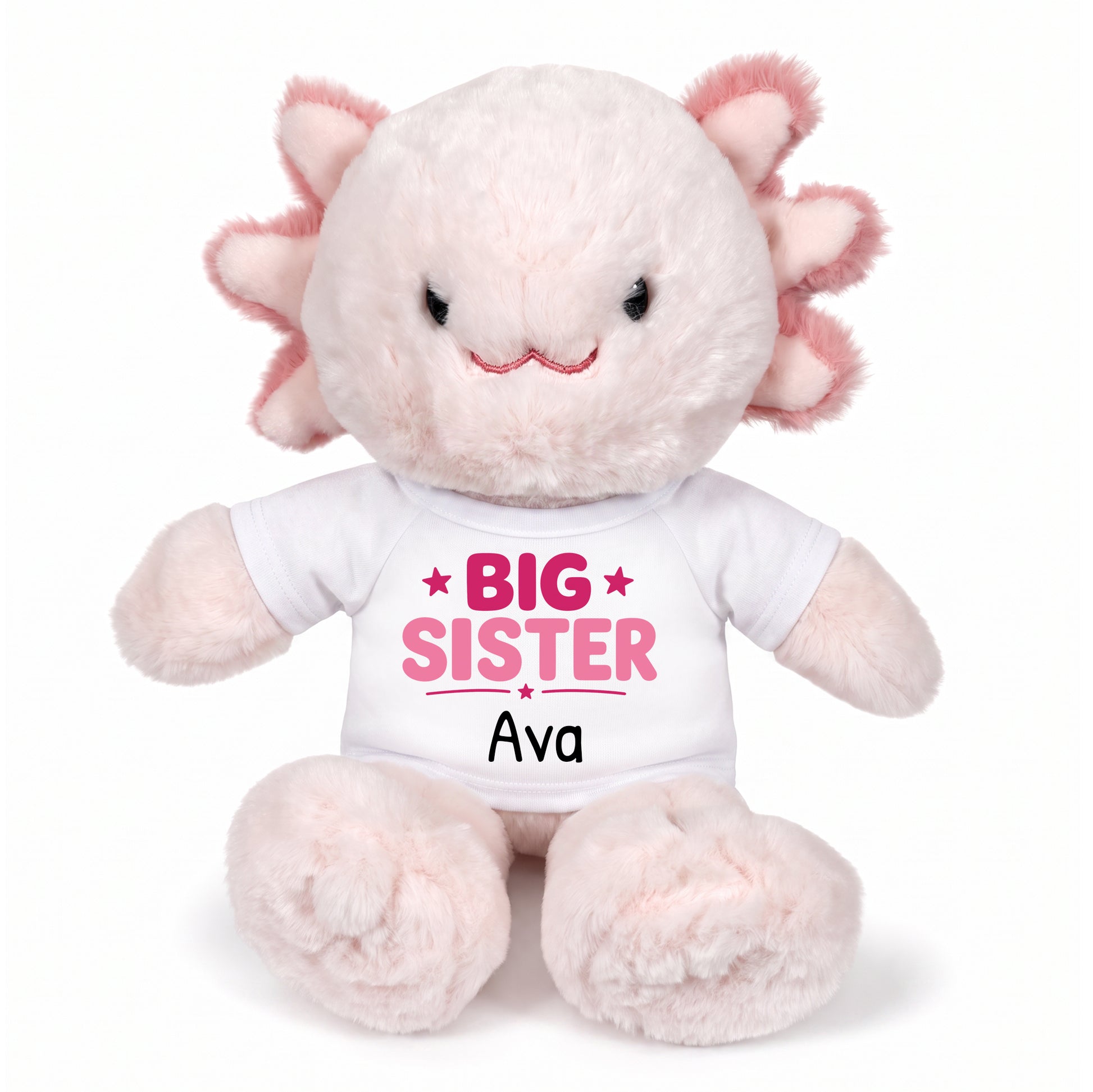 Personalized Big Sister Stuffed Axolotyl - 12 Inch Plush Axolytl - White Shirt with Pink Design