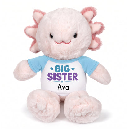 Personalized Big Sister Stuffed Axolotyl - 12 Inch Plush Axolytl - Light Blue Shirt with Teal and Purple Design