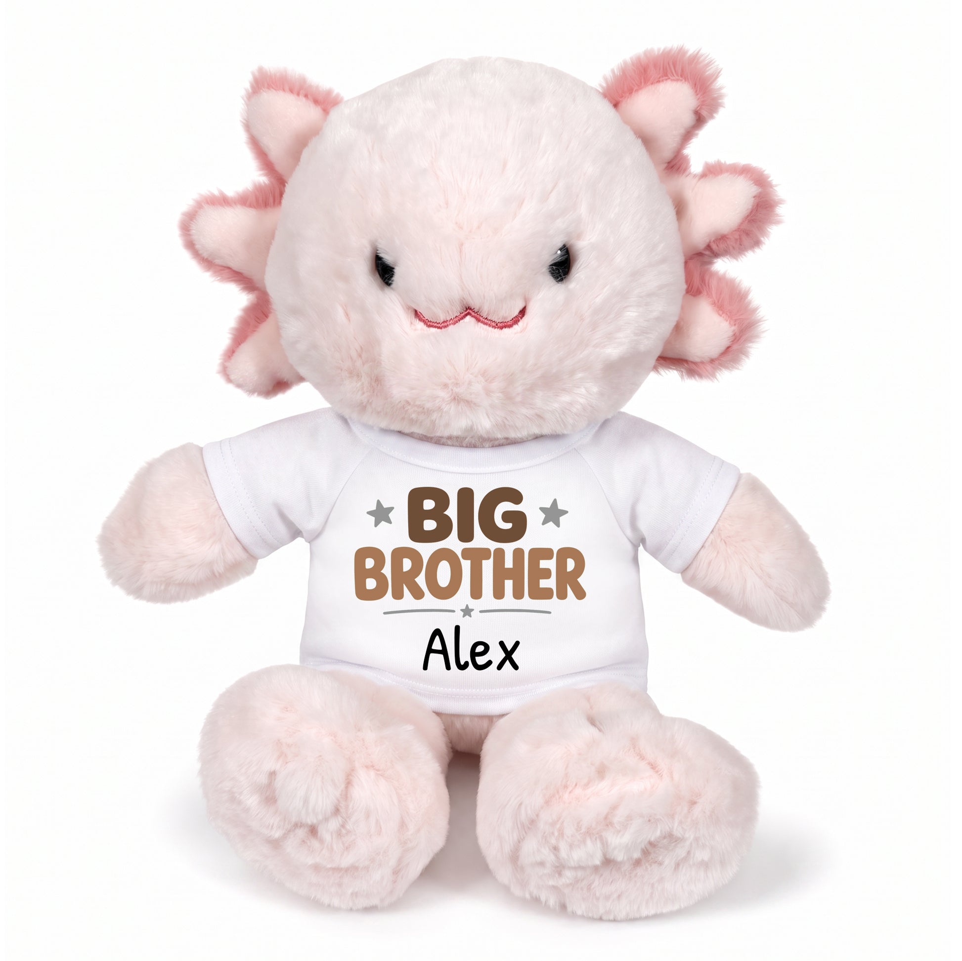 Personalized Big Brother Stuffed Axolotyl - 12 Inch Plush Axolytl - White Shirt with Brown Design