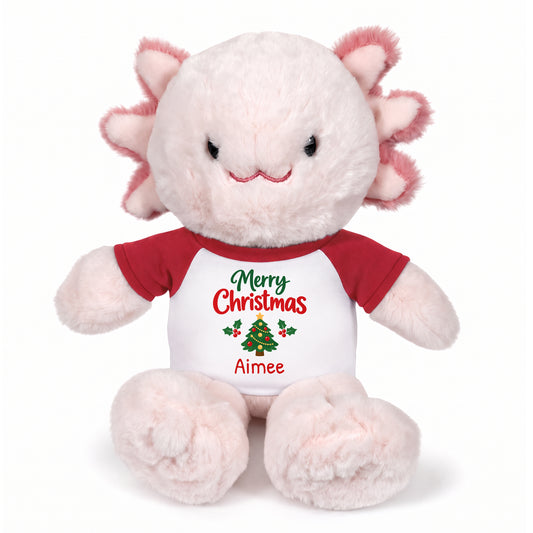 Personalized Christmas Stuffed Axolotyl - 12 Inch Plush Axolytl - Red, Merry Christmas Tree