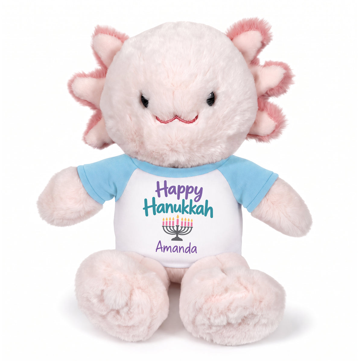 Personalized Hanukkah Stuffed Axolotyl - 12 Inch Plush Axolytl - Happy Hanukkah, Light Blue Shirt / Pastel Design