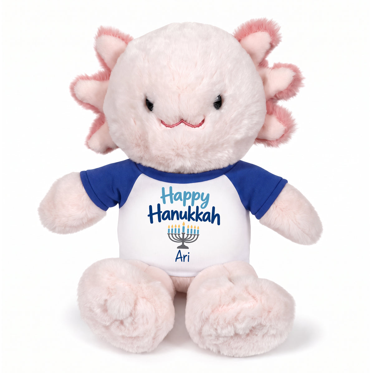 Personalized Hanukkah Stuffed Axolotyl - 12 Inch Plush Axolytl - Happy Hanukkah, Royal Blue Shirt / Blue Design