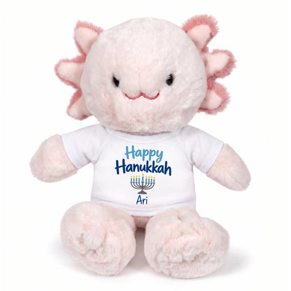 Personalized Hanukkah Stuffed Axolotyl - 12 Inch Plush Axolytl - Happy Hanukkah, White Shirt / Blue Design