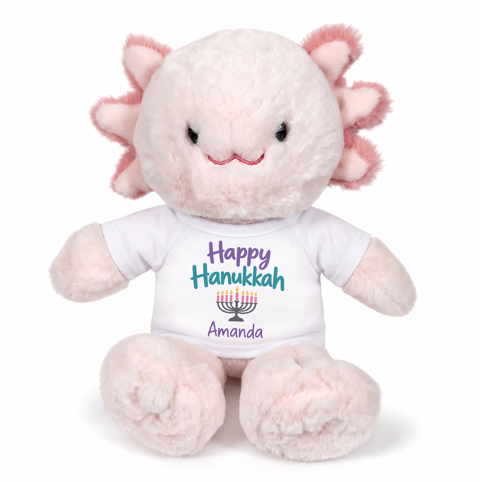 Personalized Hanukkah Stuffed Axolotyl - 12 Inch Plush Axolytl - Happy Hanukkah, White Shirt / Pastel Design