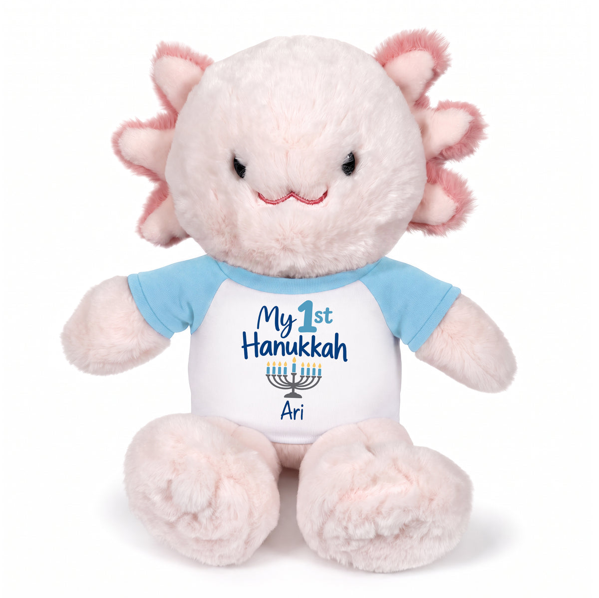 Personalized Hanukkah Stuffed Axolotyl - 12 Inch Plush Axolytl - My 1st Hanukkah, Light Blue Shirt / Blue Design