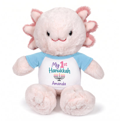 Personalized Hanukkah Stuffed Axolotyl - 12 Inch Plush Axolytl - My 1st Hanukkah, Light Blue Shirt / Pastel Design
