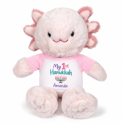 Personalized Hanukkah Stuffed Axolotyl - 12 Inch Plush Axolytl - My 1st Hanukkah, Pink Shirt / Pastel Design