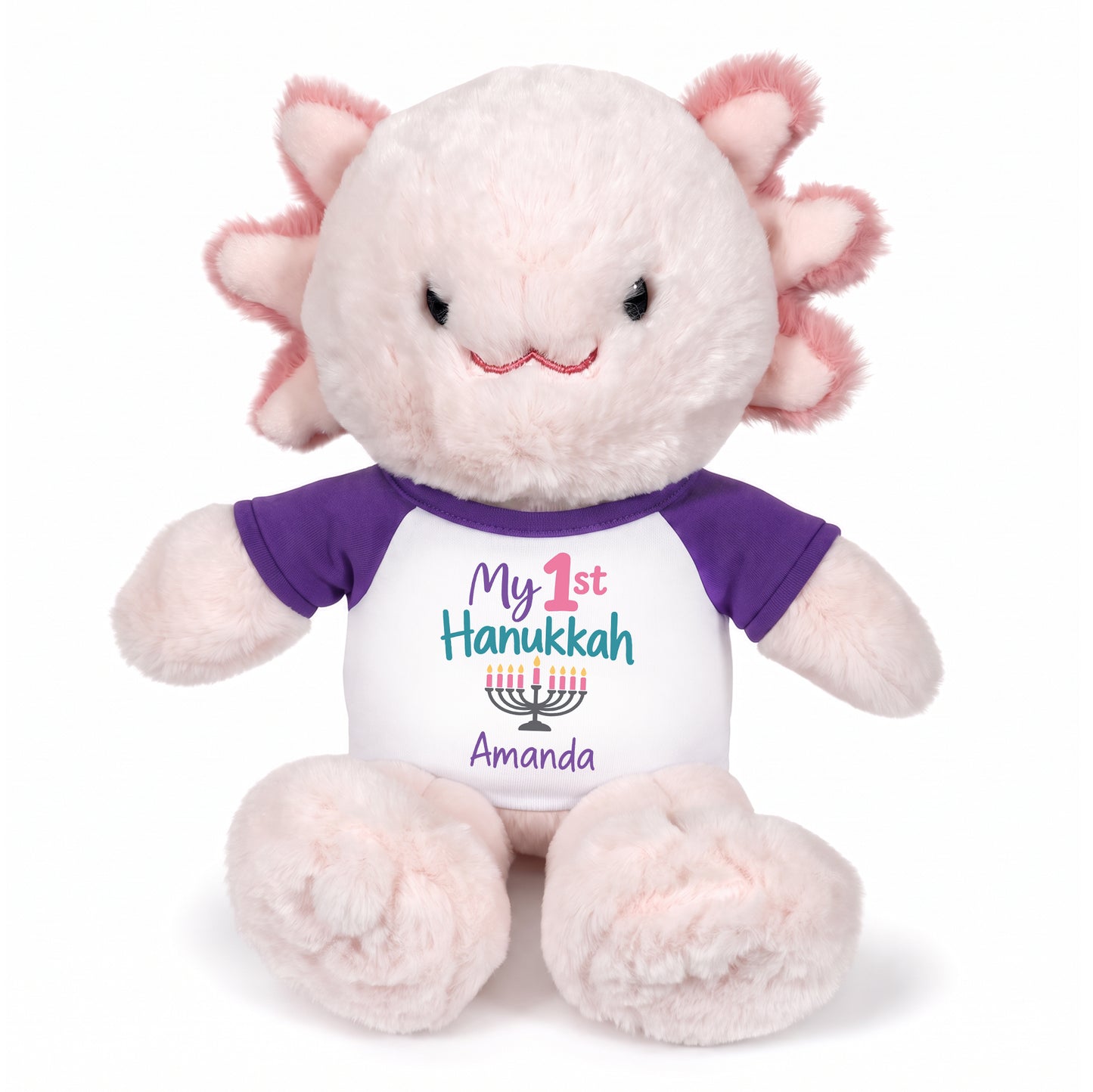 Personalized Hanukkah Stuffed Axolotyl - 12 Inch Plush Axolytl - My 1st Hanukkah, Purple Shirt / Pastel Design