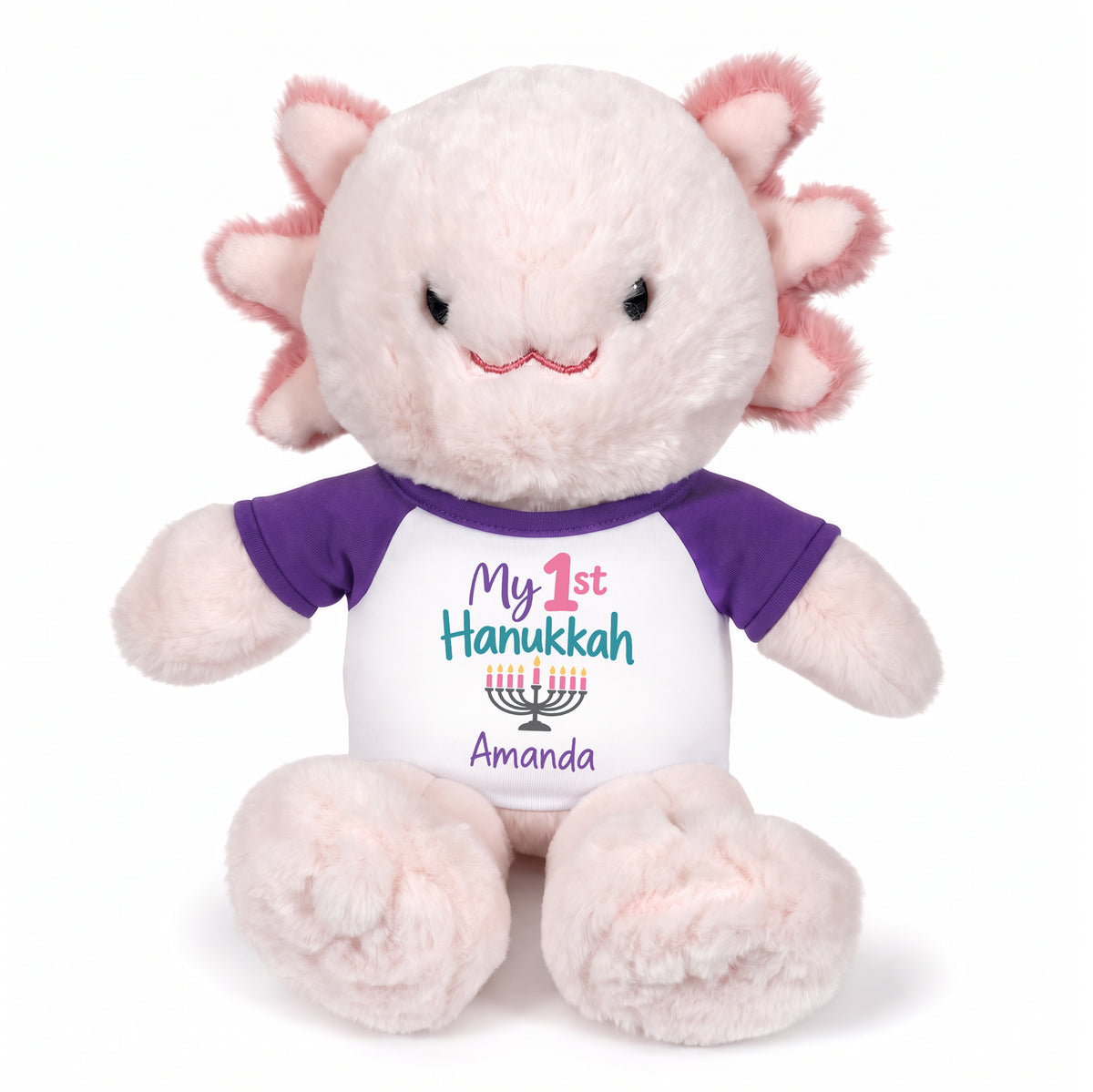 Personalized Hanukkah Stuffed Axolotyl - 12 Inch Plush Axolytl - My 1st Hanukkah, Purple Shirt / Pastel Design