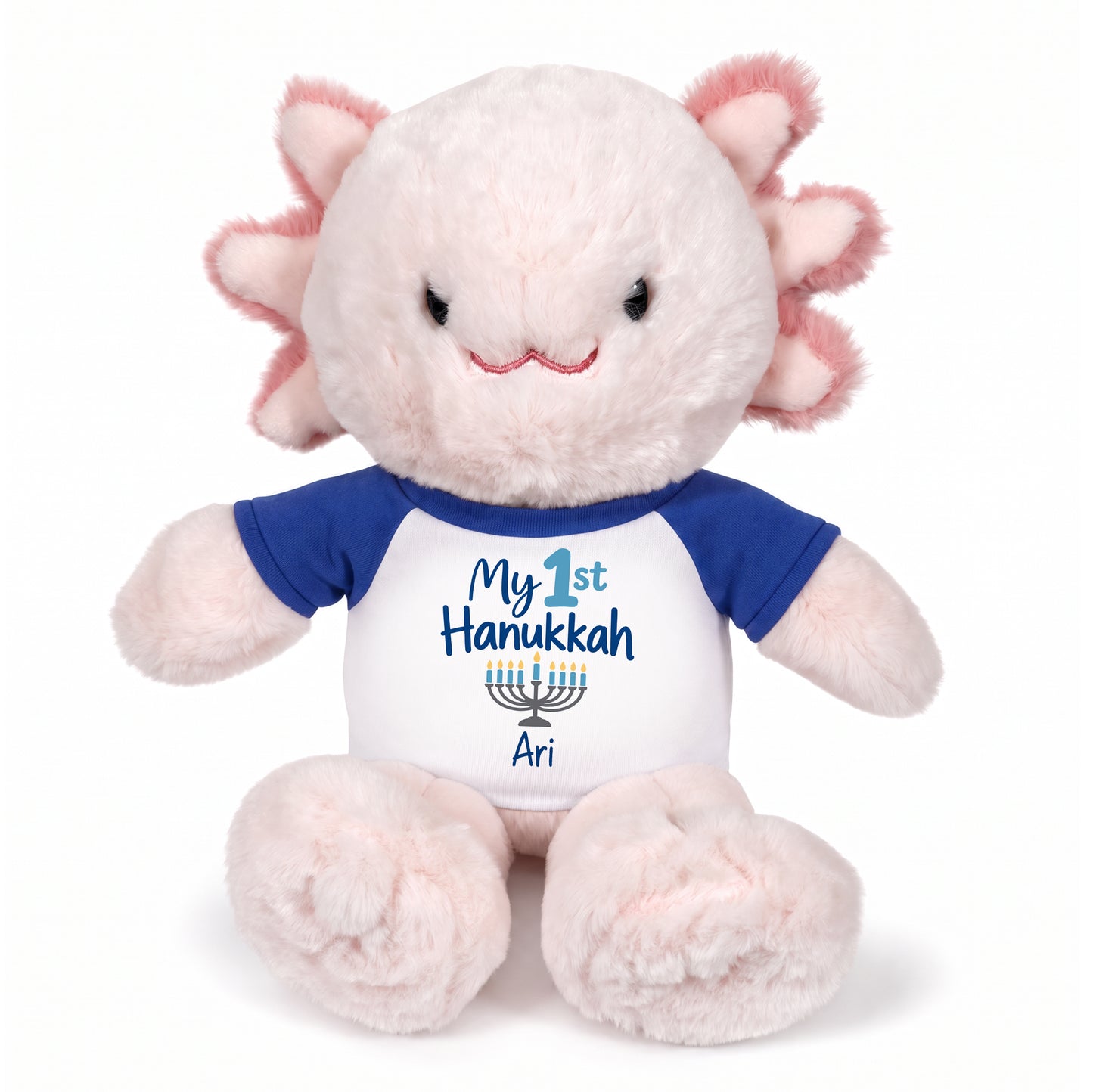 Personalized Hanukkah Stuffed Axolotyl - 12 Inch Plush Axolytl - My 1st Hanukkah, Royal Blue Shirt / Blue Design