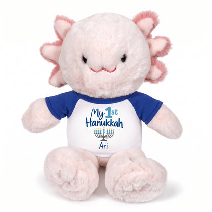 Personalized Hanukkah Stuffed Axolotyl - 12 Inch Plush Axolytl - My 1st Hanukkah, Royal Blue Shirt / Blue Design