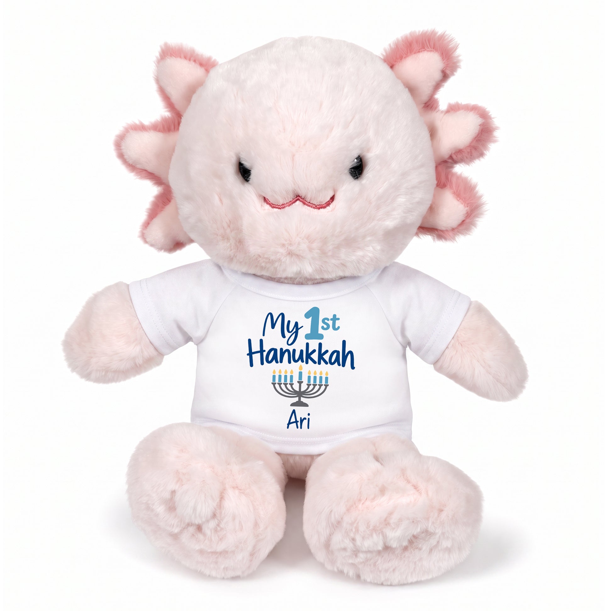 Personalized Hanukkah Stuffed Axolotyl - 12 Inch Plush Axolytl - My 1st Hanukkah, White Shirt / Blue Design