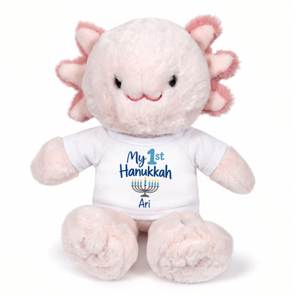 Personalized Hanukkah Stuffed Axolotyl - 12 Inch Plush Axolytl - My 1st Hanukkah, White Shirt / Blue Design