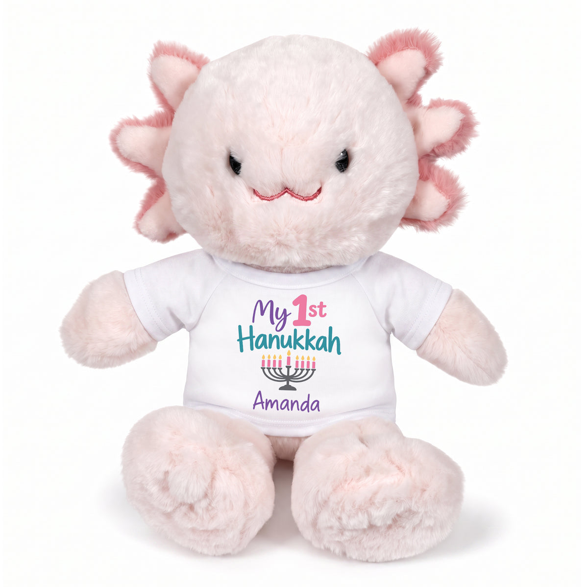 Personalized Hanukkah Stuffed Axolotyl - 12 Inch Plush Axolytl - My 1st Hanukkah, White Shirt / Pastel Design